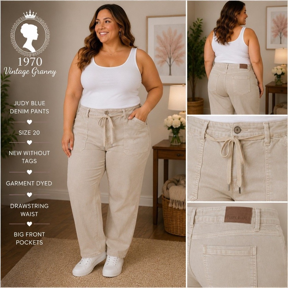 Judy Blue Khaki Garment Dyed Denim Drawstring Pants Beige Plus Size 20W